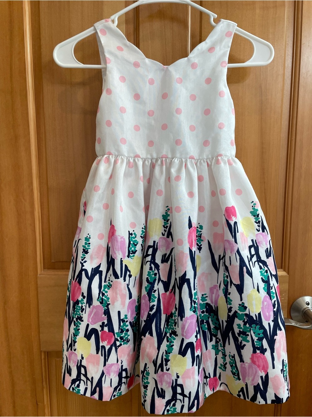Gymboree White Dress with Pink Polka Dots & Tulip Floral Skirt, Sz 6
